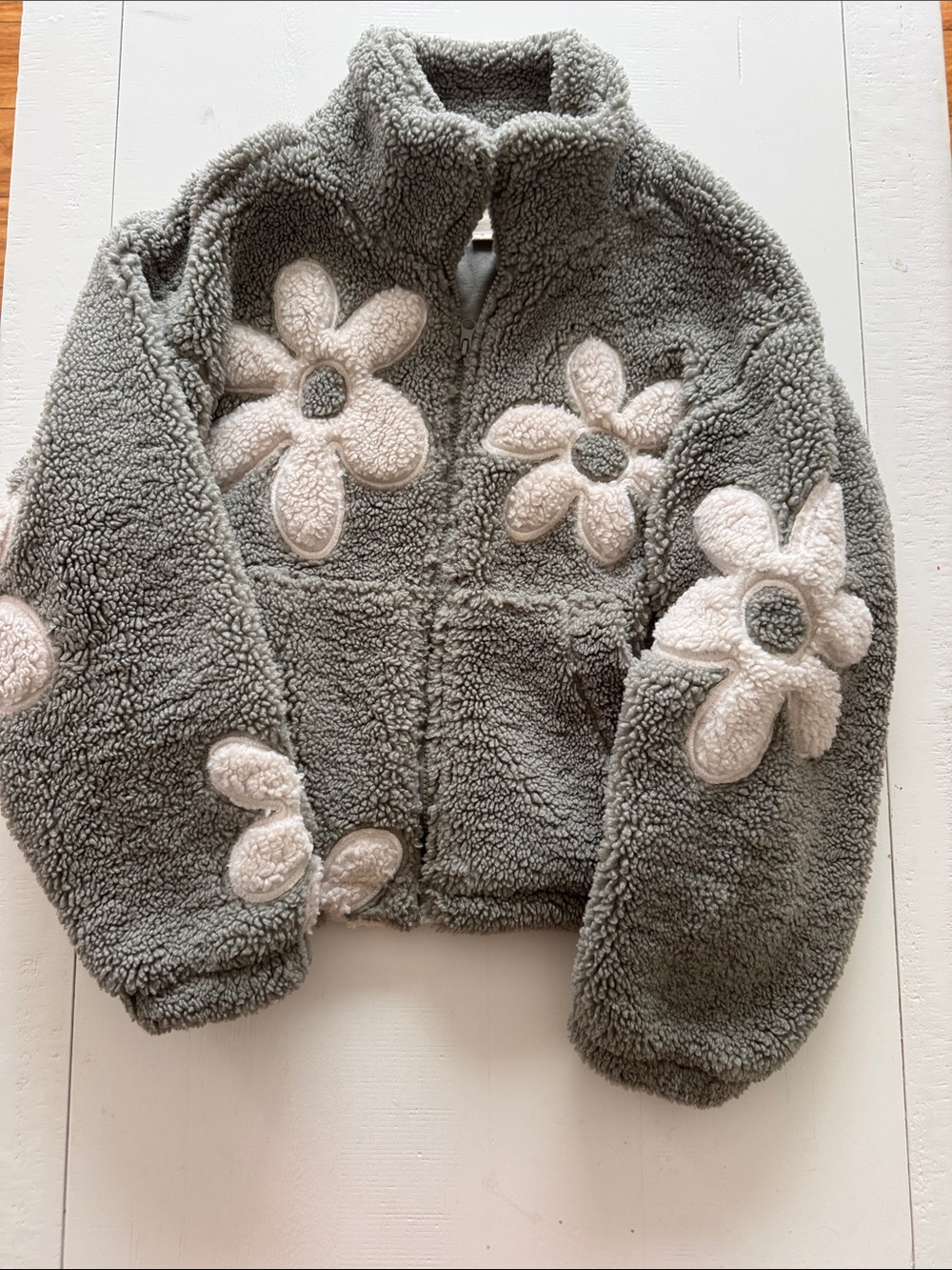 Thread & Supply Gray Teddy Jacket with White Daisy Appliqués